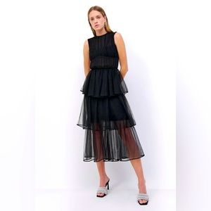 Jonathan Simkhai Benton Tulle Plisse Tiered Midi Dress - Black
